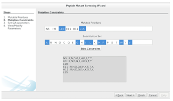 Figure 2.10: The second step in the Peptide Mutant Screening wizard. The user assigns a substitution set to each mutable residues by selecting the relevant list elements and hitting the Bind Constraints button. The resulting library can be screened exhaustively (Finish ) or with a GAMPMS implementation (Next ).