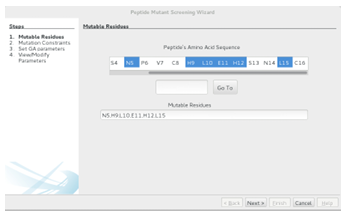 Figure 2.9: The rst step in the Peptide Mutant Screening wizard. The user selects residues from the base peptide that can be mutated during the experiment. The Go To button can be used to focus the list on an acid type or index. Clicking the Next button goes to the Mutation Constraints screen.